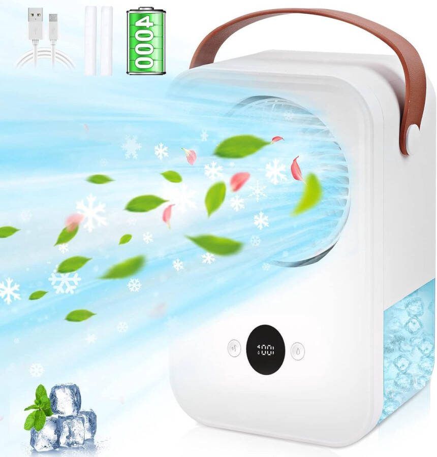 Draagbare Airconditioner met Aromatherapie 4in1 Mini Airco Ventilator met Luchtbevochtiger Sproeifunctie met 4 Standen 4000mAH