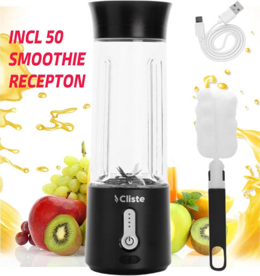 Cliste Draagbare Blender To Go Smoothie Blender USB Oplaadbaar Zwart Portable Smoothie Maker Afneembaar Draadloos Compact Blender 500 ml Mini Smoothie Maker Fresh Juice Maker Portable Blender Recepten inbegrepen