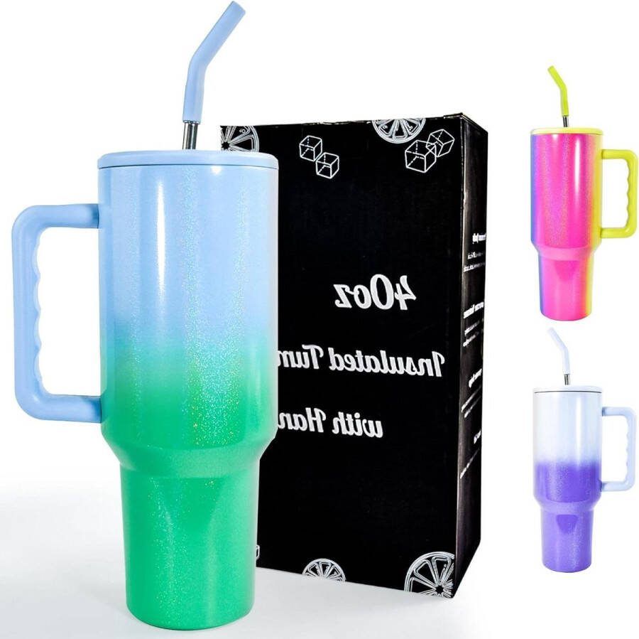 Draagbare geïsoleerde koffiebeker met rietje en handvat dubbelwandig roestvrij staal 1180 ml thermobeker reisbeker