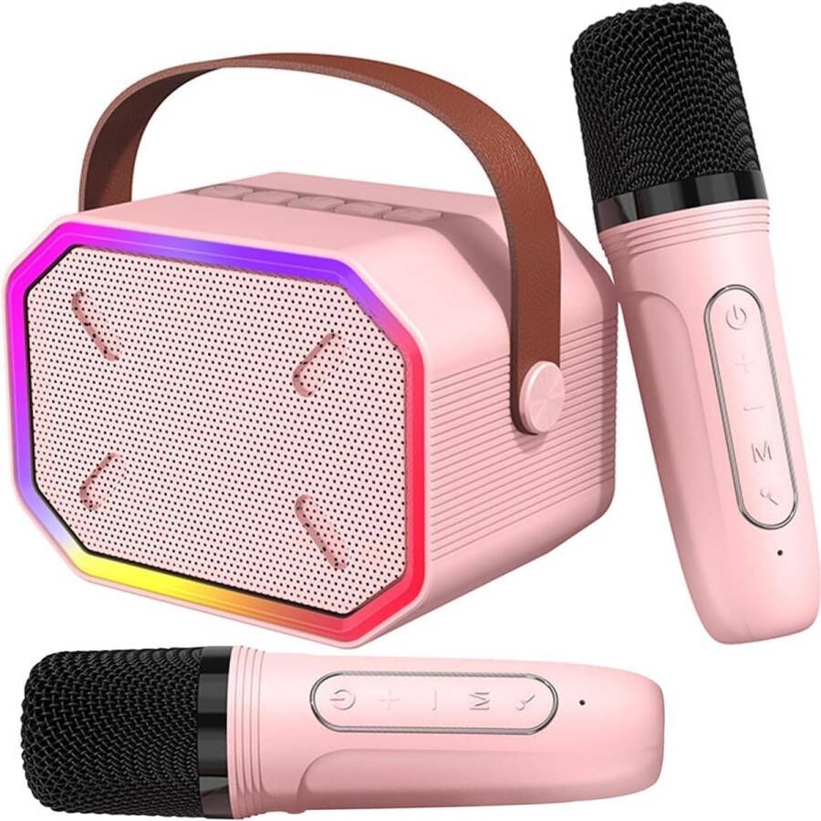 Merkloo Draagbare Karaoke Set Voor Volwassenen en Kinderen 2 Draadloze Microfoons Bluetooth Lichteffecten RGB Roze ‎10 x 10 x 15 cm