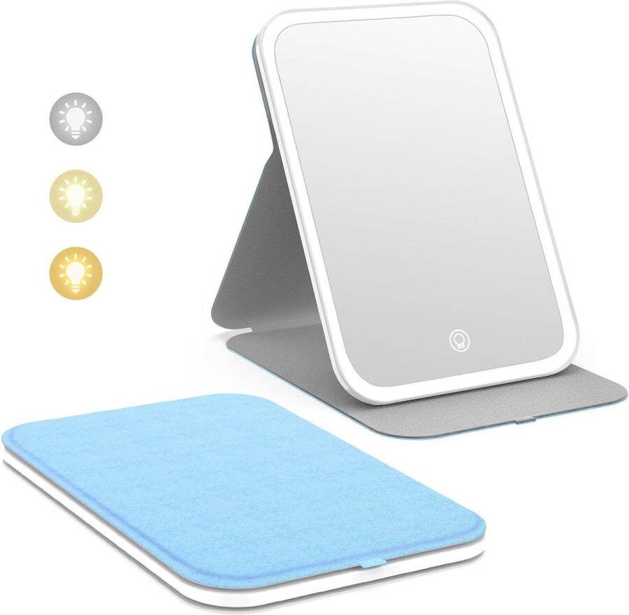 Draagbare LED verlichte make-up spiegel met touchscreen 360 ° rotatie 3-kleuren dimbaar oplaadbaar tafelblad opvouwbaar