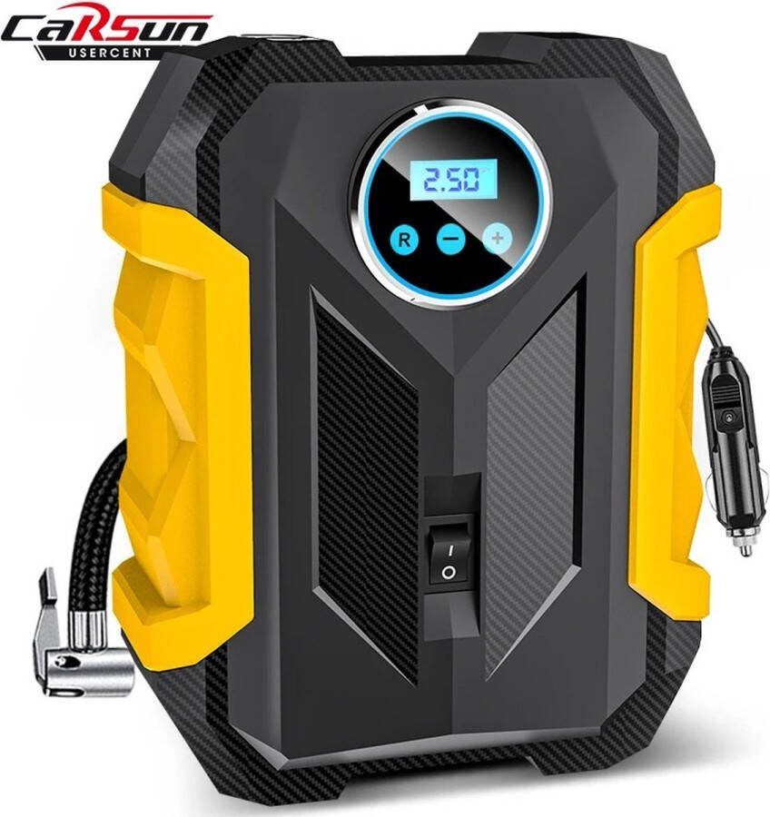 Draagbare luchtcompressor Elektrische fietspomp Elektrische Ballenpomp Elektrische Bandenpomp Elektrische Bandeninflator Mini Compressor Met Drukmeter 3 Opzetstukken Led Lamp 12 V 10 3 BAR Geel