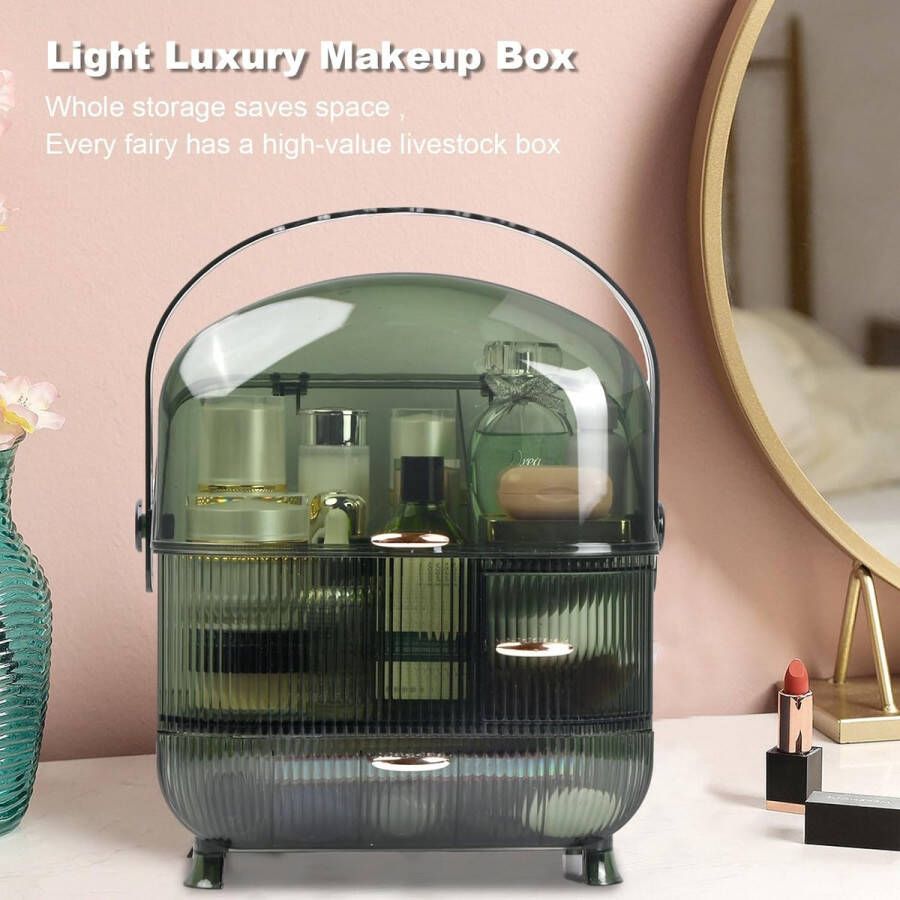 Draagbare make-up-organizer draagbaar stofdicht waterdicht cosmetische opbergdoos kunststof met deksel draaggreep en 2 laden 180 graden draaibaar lade beauty-organizer make-up voor dressers