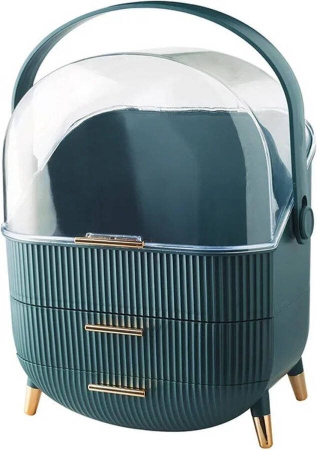 Draagbare make-up organizer opbergbox voor cosmetica Beautycase Sierraden opbergdoos Stofdichte deksel beauty-organizer met 2 laden en draaggreep Groen