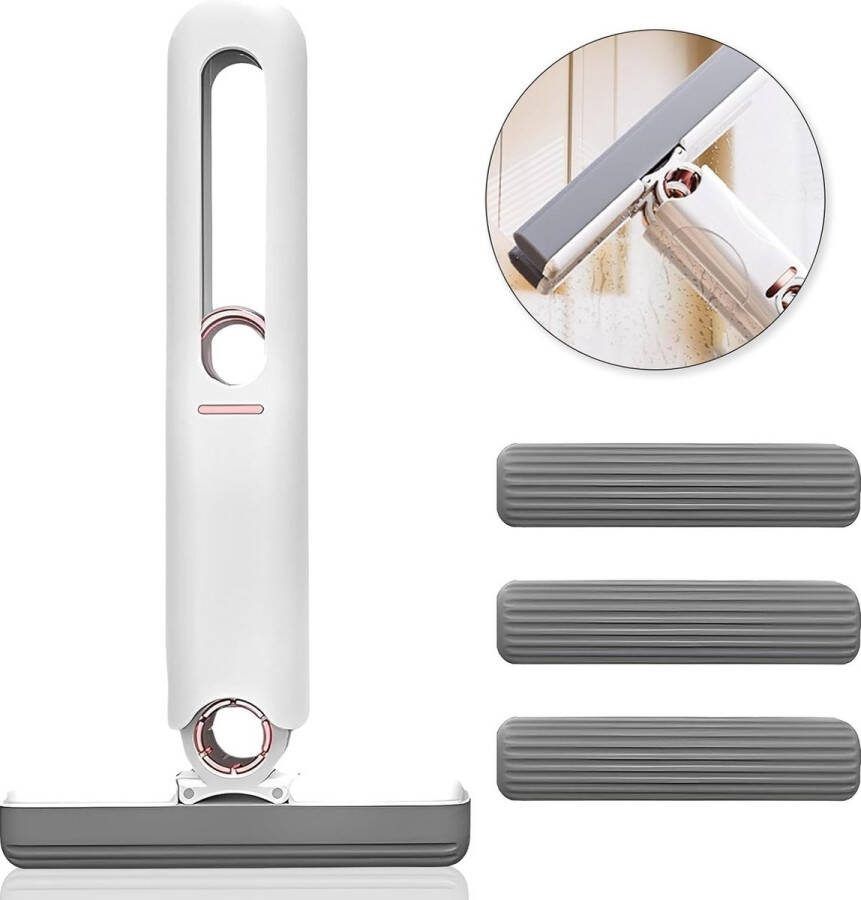 Draagbare mini-mop met de hand wasbare mini-dweil met uitwringfunctie huishoudelijke reinigingsgadgets voor ramen vloer muur tegel auto (knijpgreep en 3 sponsmopkop)