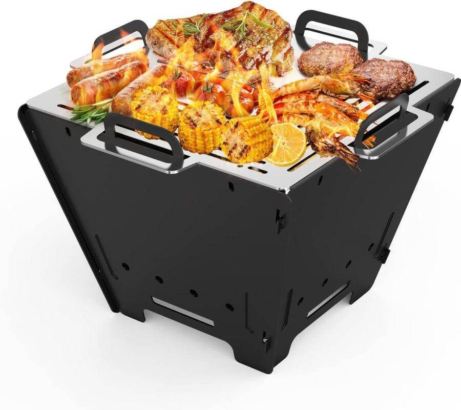 Draagbare Outdoor Vuurplaats Opvouwbaar en Demonteerbaar Roestvrijstalen BBQ Grillplaat Campinggrill Achtertuin Patio Vierhoek BBQ Houtskoolgrill