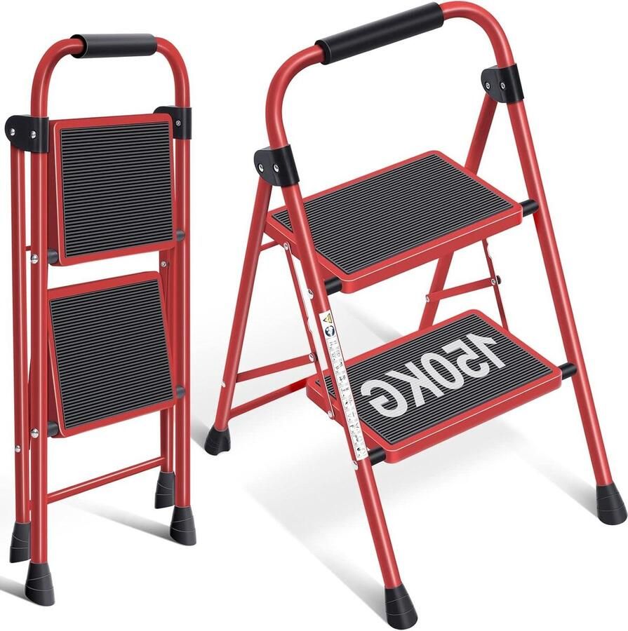 Draagbare Vouwladder Trapladder 2 Treden met Leuning en Antislip Voeten Inklapbaar Stabiele Huishoudtrap voor Thuis en Kantoor Rood