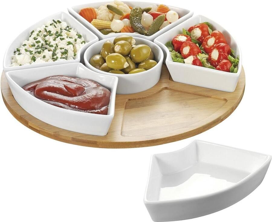 Draaibaar dienblad met wit porselein schalen bamboe 34 x 34 x 65 cm SUSAN Caterado