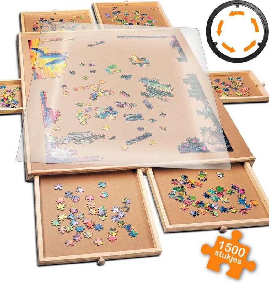 Draaibaar Puzzelbord met Opbergsysteem 6 lades Incl. Bescherm cover 1500 puzzelstukjes Houten Puzzeltafel Puzzelplank Puzzelmap Portapuzzle Puzzelplaat Puzzelmat