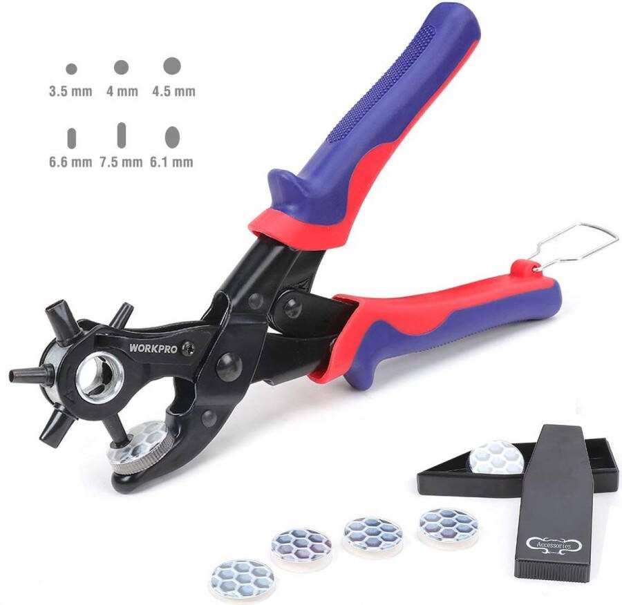 Workpro Revolving Punch Pliers for Belts Leather Belt Puncher 255 mm Holes Round 3.5 4 4.5 mm Rectangular 6.6-7.5 mm Oval 6.1 mm