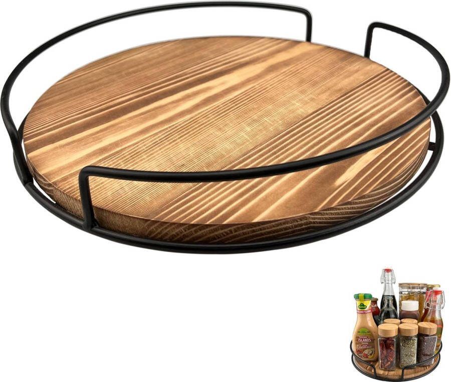 Draaiplateau keukenorganizer 28 cm antislip kruidenrek voorraadkamer keuken werkblad koelkast grenenhout gecarboniseerd zwart