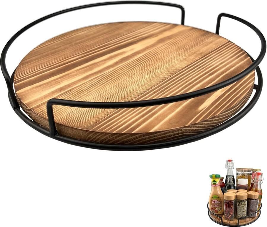 Draaiplateau keukenorganizer 28 cm antislip kruidenrek voorraadkamer keuken werkblad koelkast grenenhout gecarboniseerd zwart