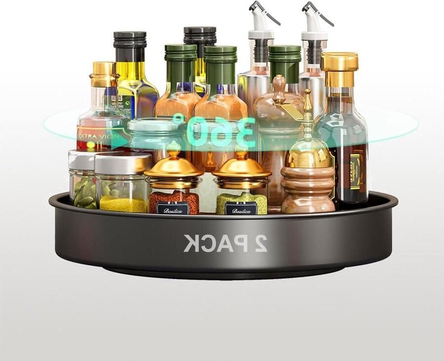 Draaiplateau Kruidenrek Draaibaar 315 cm + 255 cm Keukenorganizer 360 Graden Draaibaar Draaiplateau Organizer Keuken Eetkamer Kast Tafel Werkblad Staal Metaal Zwart