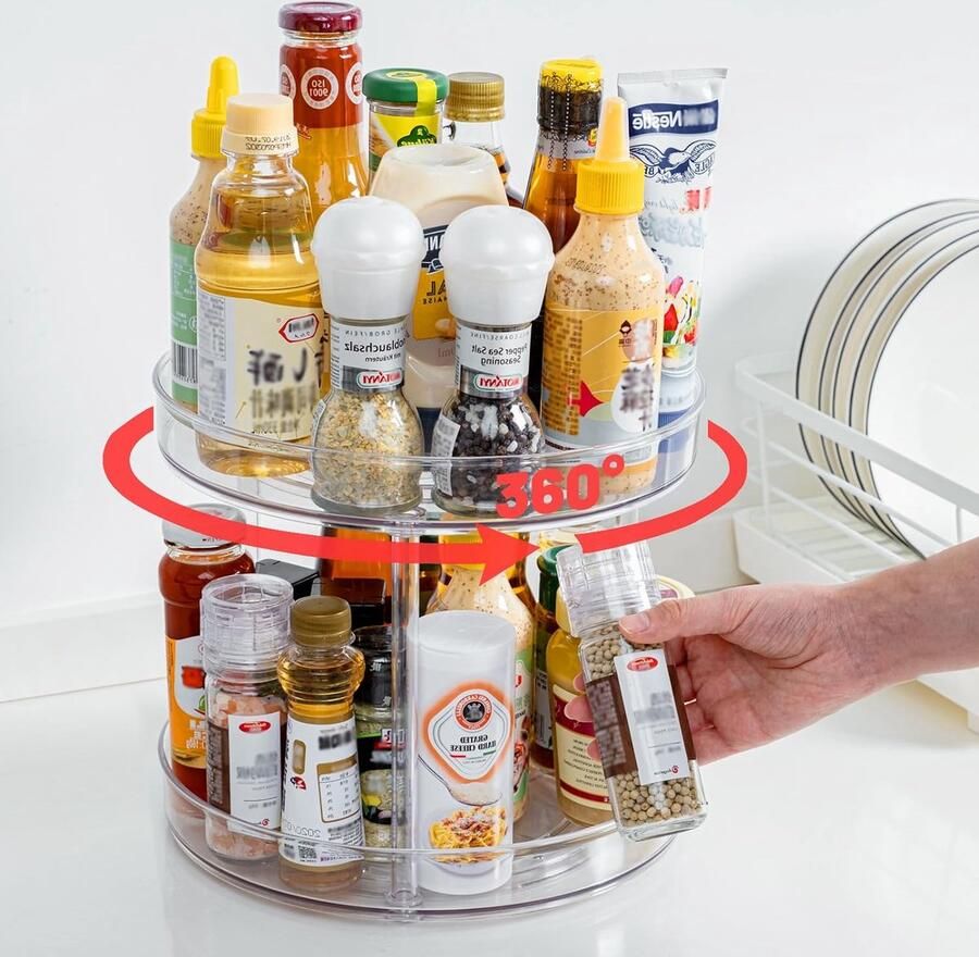 Draaiplateau organizer 2 etages 23 cm keukenorganizer kruidenrek draaibaar draaibare organizer voor keuken kast onderkast wastafel make-uptafel transparant