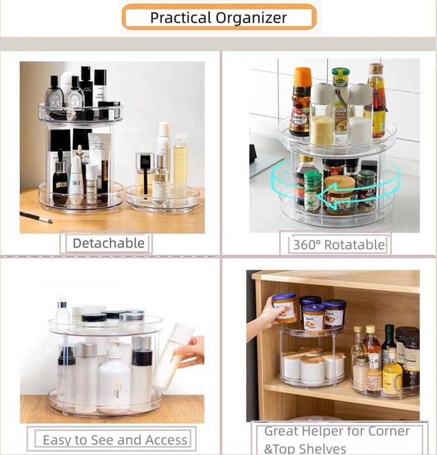 Draaiplateau Organizer 23 5 cm 2-Etages Draaibaar Kruidenrek Keukenkast Organizer Transparante Draaibare Koelkast Organizer Voor Peper Bakingrediënten Cosmetica en Medicijnen BPA-vrij