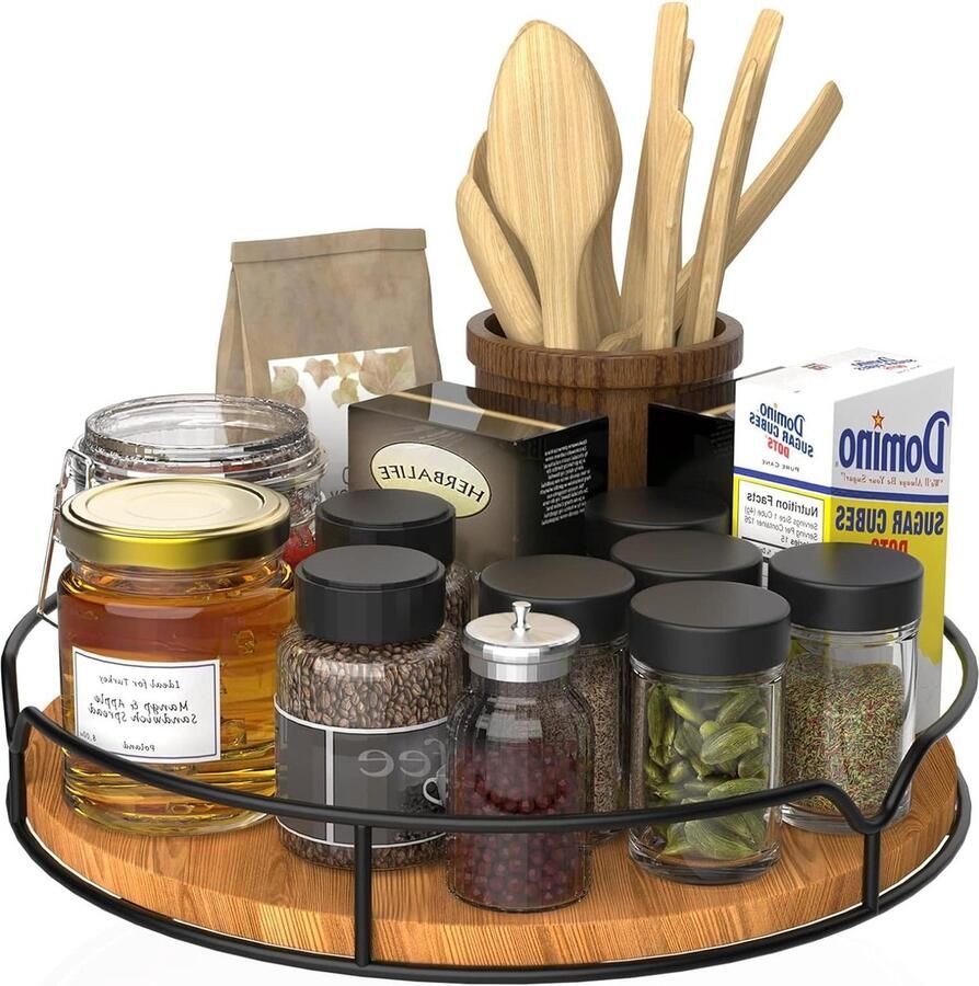 Draaiplateau organizer voor kast Lazy Susan voor eetkamer keuken 23 cm grenenhout gecarboniseerd zwart