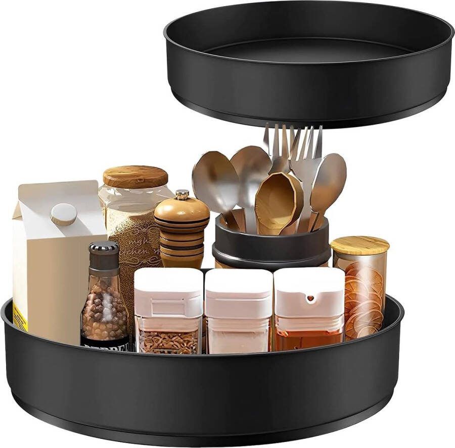 Draaitafel draaibaar kruidenrek 360 graden roterend kruidenrek voor keuken eetkamer kast tafel werkblad roestvrij staal 31 x 31 x 6 cm zwart