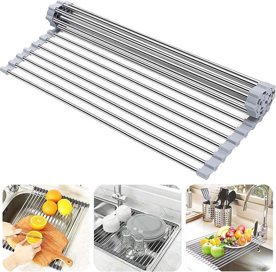 Drainer Rack 43×40 cm Hittebestendige Roestvrijstalen Roll Up Mat voor Afvoer Keuken Organisator voor Spoelbak Drainer Grid voor Kopjes en Fruit Grijs
