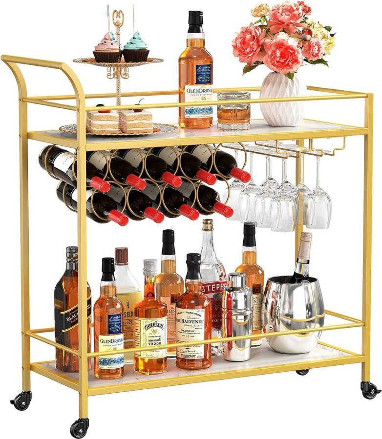 Drankentrolley op Wielen Serveerwagen 2-laags Barwagen met 9 Wijnflessenrekken Cocktail Alcohol Trolley voor Keuken Eetkamer Woonkamer Buiten 80 x 33 2 x 87 8 cm Goud