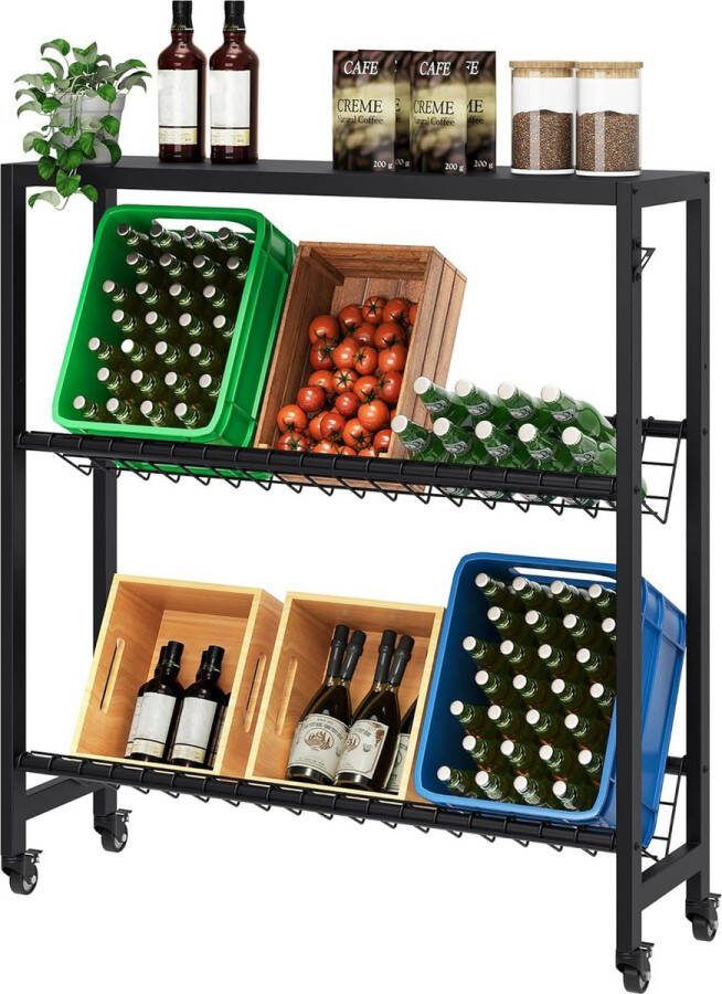 Drankkrattenrek met plank en metalen roosterhouder voor 6 dozen industriële wielen en verstelbare poten krasbestendig beschilderd inclusief flesopener 110 x 112 x 32 cm