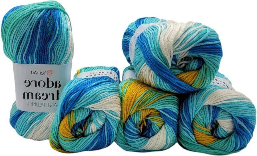 Dream antipilling breigaren wol meerkleurig 500 gram kleurverloop breiwol blauw turquoise oker Adore 1059