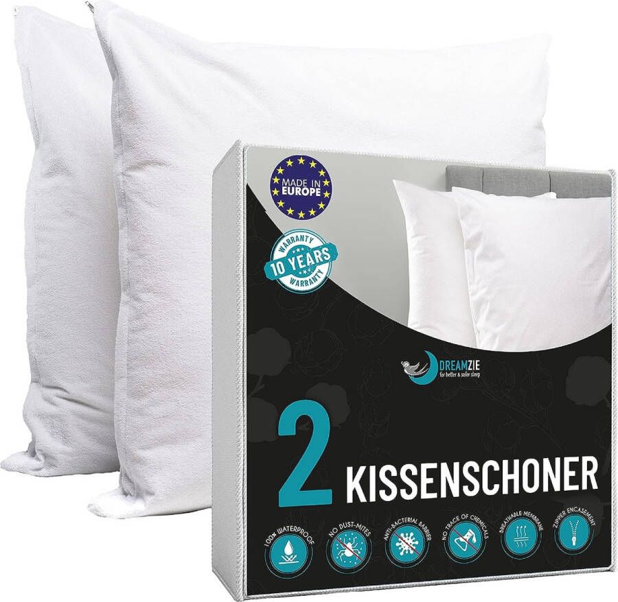 Dreamzie Waterdichte kussenhoes 60 x 60 cm 100% katoenen stof Oeko Tex gecertificeerd Pack van 2 kussenbeschermers met ritssluiting Ademend hypoallergeen anti-mijt antibacterieel