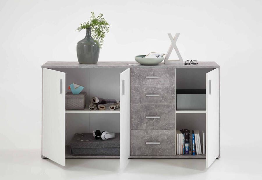 Dressoir Ares Beton Wit Breedte 160.1 cm Hoogte 83 cm Diepte 35 cm Met lades Met planken Met openslaande deuren
