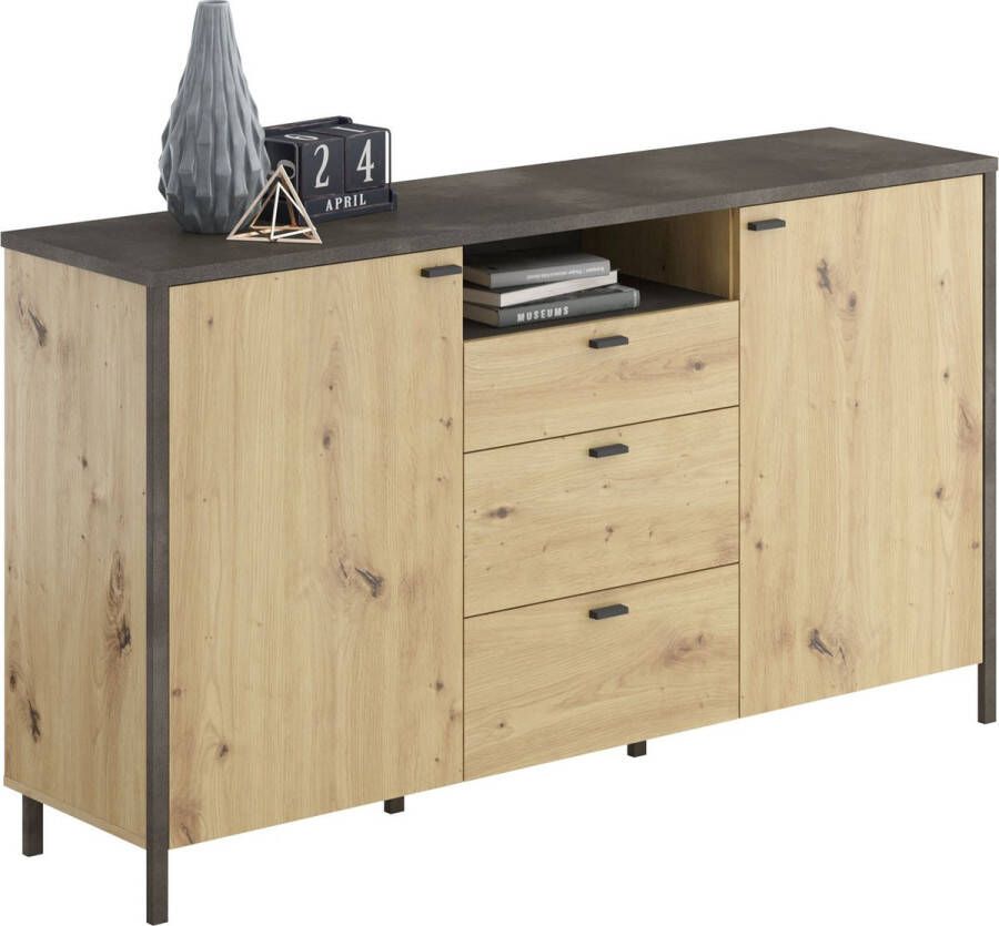 Dressoir Bjork Antraciet Oudeiken Breedte 163.5 cm Hoogte 91.5 cm Diepte 40.5 cm Met lades Met planken Zonder deuren