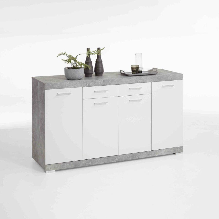 Dressoir Hermes Beton Wit Breedte 160 cm Hoogte 89.9 cm Diepte 49.9 cm Met lades Met planken Met openslaande deuren