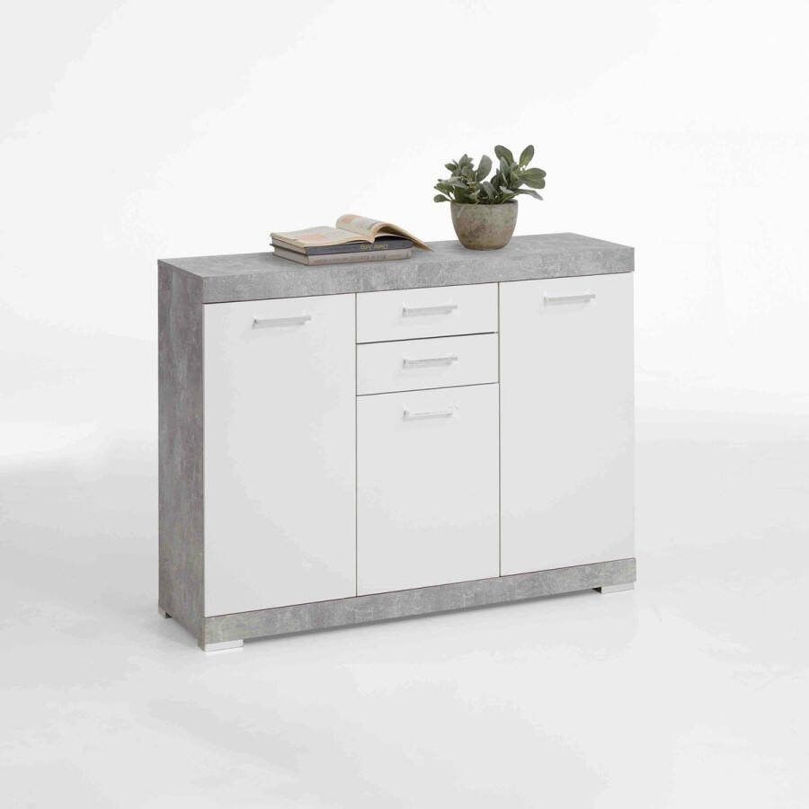Dressoir Hermes Beton Wit Breedte 120 cm Hoogte 89.9 cm Diepte 34.9 cm Met lades Met planken Met openslaande deuren