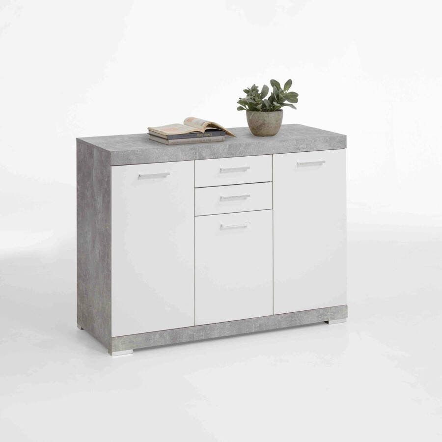 Dressoir Hermes Beton Wit Breedte 120 cm Hoogte 89.9 cm Diepte 49.9 cm Met lades Met planken Met openslaande deuren
