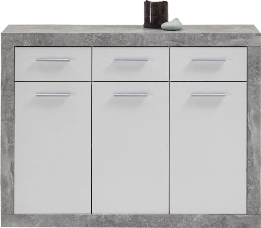 Dressoir Nordin Beton Wit Breedte 117.1 cm Hoogte 90 cm Diepte 37 cm Met lades Met planken Met openslaande deuren