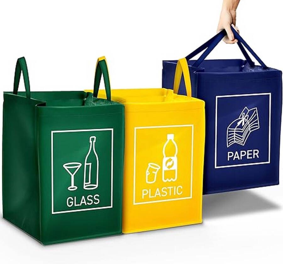 Driedelig systeem voor afvalscheiding voor glas plastic en papier Afvalemmer Afvalscheidingsprullenbak Buitenprullenbak Papierbak