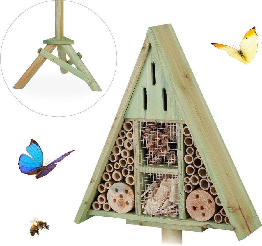 Driehoek op standaard insectenhotel voor tuin nesthulp bijenhotel hout 130x42x35cm groen