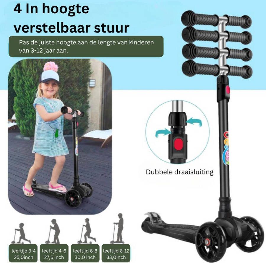Driewieler Kinderstep met LED-verlichting voor Meisjes en Jongens Verstelbare Stuurstang Geschikt voor 3-10 Jaar Antislip Treeplank Lean-to-Steer Technologie