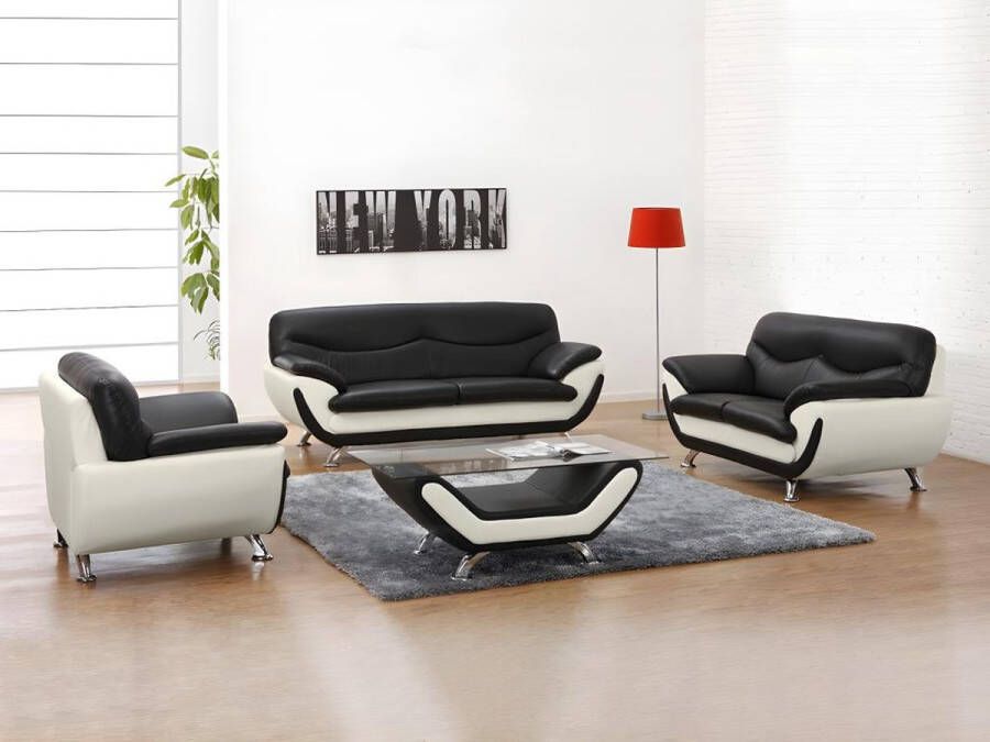 Driezits- tweezitsbank en fauteuil INDICE van kunstleer Tweekleurig zwart en wit L 198 cm x H 86 cm x D 92 cm