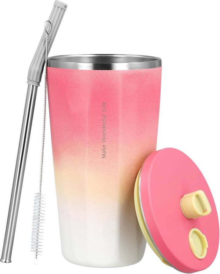 Drinkbeker met deksel en rietje 600 ml ijskoffiekop met rietje en lekvrije thermische mok voor warm en koud BPA-vrij