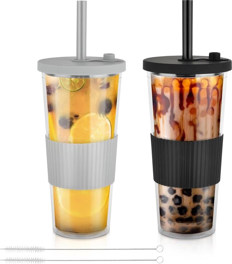 Drinkbeker met deksel en rietje 730 ml set van 2 kopjes met deksel en rietje Beker to Go met rietje Bubble Tea-beker met rietje Smoothiebeker voor koffie fruitthee
