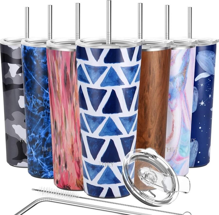 Drinkbeker van roestvrij staal 780 ml drievoudig geïsoleerde reismok met spatwaterdicht deksel voor ijsdranken en warme dranken smoothies blauwe driehoek