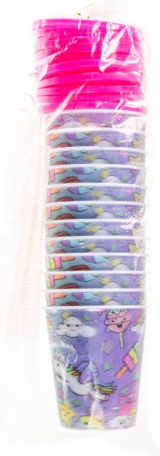 Drinkbekers Eenhoorn 12 STUKS Inclusief Rietje & Deksel Unicorn Uitdeel Bekers Uitdeelcadeautjes Drinkbeker voor Kinderen 3D effect
