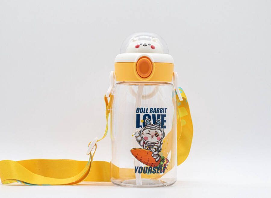 Drinkfles Kinderen- Space Rabbit & Monkey 550ML Transparant Animatie Rietje
