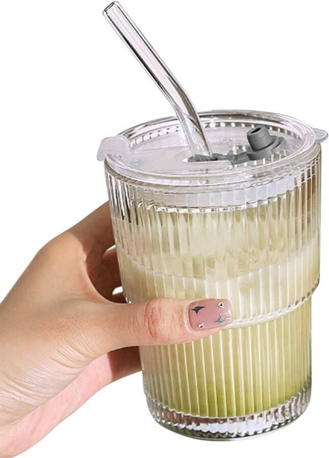 Drinkglas kristalglas gegroefd waterbeker van glas met deksel en rietje geribbelde glazen drinkbeker voor sap melk koffie vakantiegeschenken