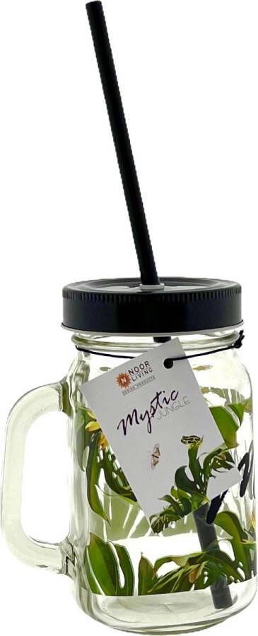 Noor Living Drinkglas met handvat en deksel + rietje Mystic Jungle 400 ml 4 Stuks