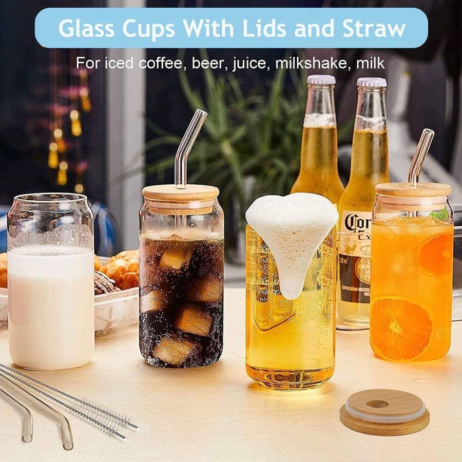 Drinkglazen met Deksel en Rietje 500ml Iced Coffee Glass Blikvorm Bear Can Cocktailglazen Blikvormige Glazen Bekers Ideaal voor Smoothie Koffie Cocktail Whiskey