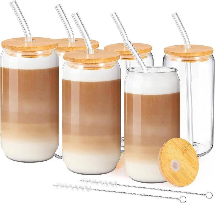 Drinkglazen met deksel en rietje set van 6 Ideaal voor water cocktail whiskey frisdrank 500ml iced coffee glas Blikvormige glazen bekers Beer Can cocktailglazen Ice mold