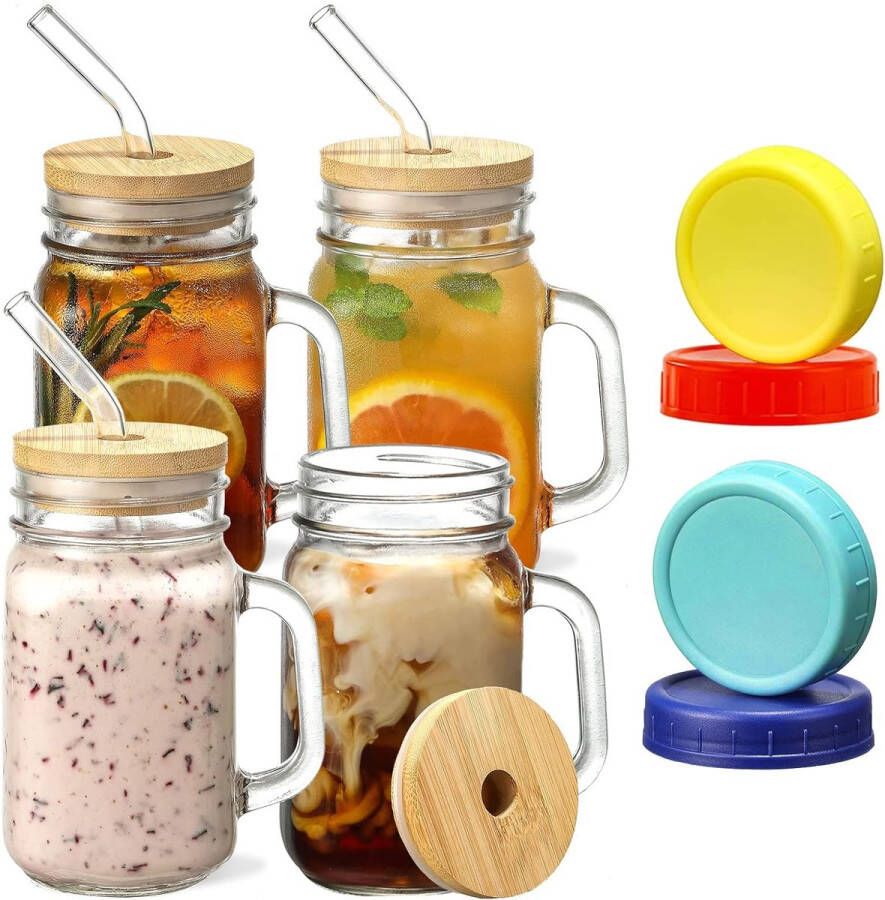 Drinkglazen met rietje en deksel set van 4 Mason Jar drinkglazen cocktailglazen smoothieglas set cocktailglazen glazen bekers bewaarpotten met handvat voor water koffie