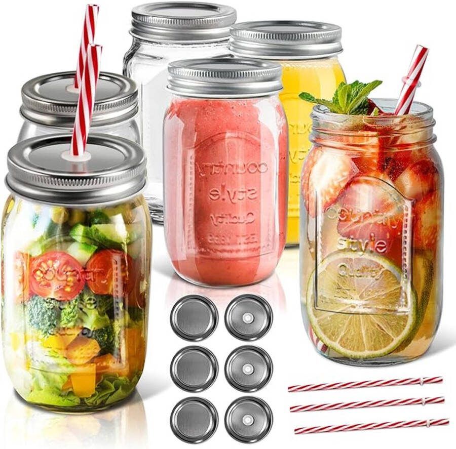 Drinkglazen Set Van 6 500 ml Inmaakpotten Van Helder Glas met Deksel en Rietje Luchtdichte Mason Jars met Schroefdeksel voor Dranken Jam en Cocktail 6 Poriënvrije Deksels
