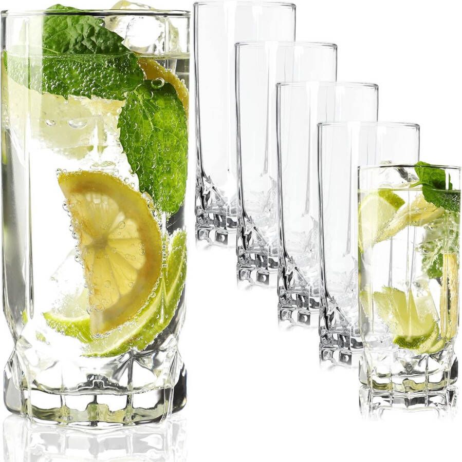 Drinkglazen set van 6 waterglazen sapglazen van glas glazen voor water drankjes sap feest tuin universele glazen cocktailglazen drankglazen modern design (325 ml hoog)