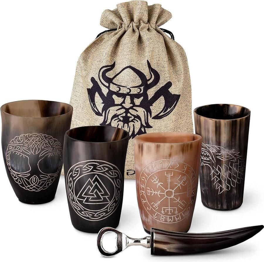 Drinkhoorn Viking hoornbeker Set van 4 200 ml Viking accessoires Middeleeuwse drinkbeker