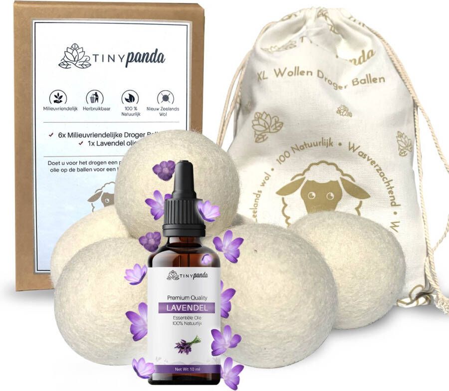 Droger Ballen XL 6 stuks inclusief lavendelolie – Zero waste Dryer Balls Duurzaam – Wasverzachter – Herbruikbare Drogerballen – Droogt de was sneller – Tiny Panda